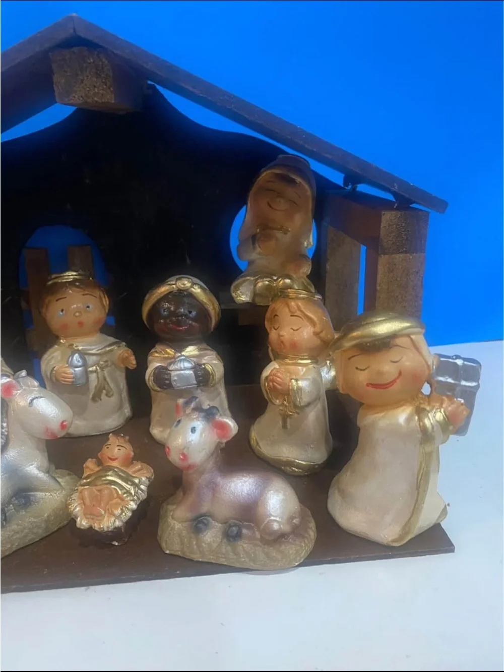 Vintage sears kids nativity set with wooden manger